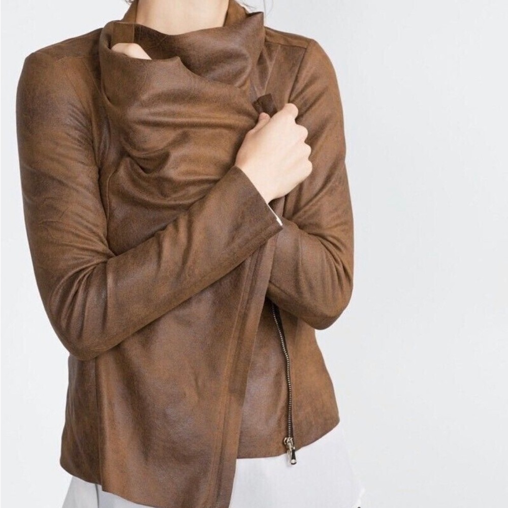Zara Women Brown Faux Suede Motorcycle Jacket Sz XS